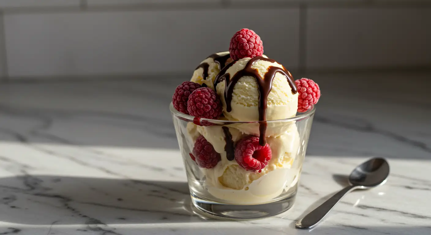 Glace à la vanille garnie de Franui maison, framboises enrobées de chocolat