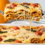 Part de lasagnes au butternut et à la sauge, avec couches visibles de pâtes, légumes et béchamel.