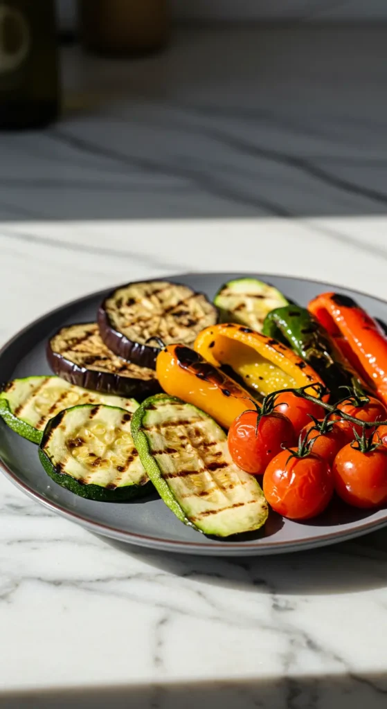 Légumes grillés colorés, accompagnement léger et frais pour côte de bœuf