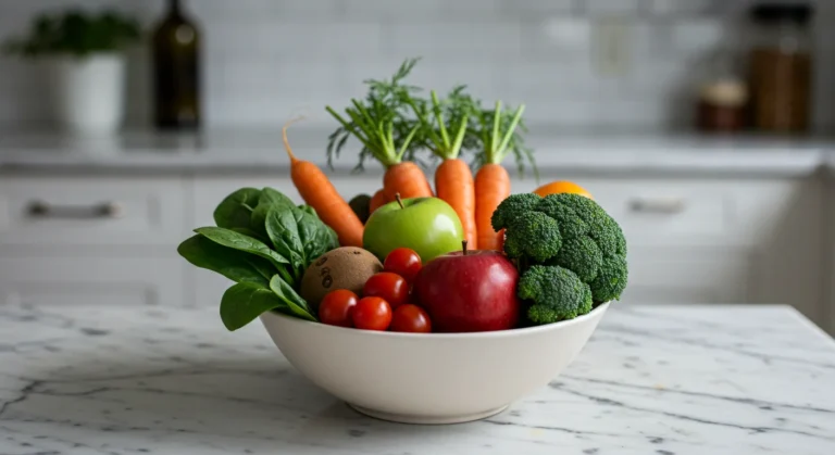 Bol coloré de fruits et légumes sur un plan de travail en marbre – illustration de l’objectif “5 par jour”.