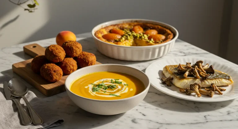 Menu du jour 22 septembre avec soupe de courge, croquettes de chorizo, clafoutis abricots et turbot aux girolles