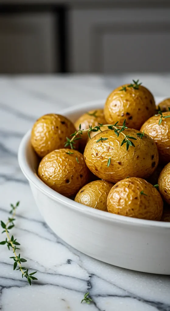 Pommes de terre grenaille rôties au four avec thym, garniture rustique pour côte de bœuf