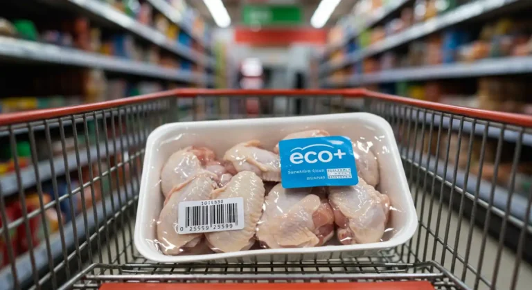 Sachet de grignottes de poulet Eco+ rappelé pour risque de listeria, placé dans un caddie de supermarché.
