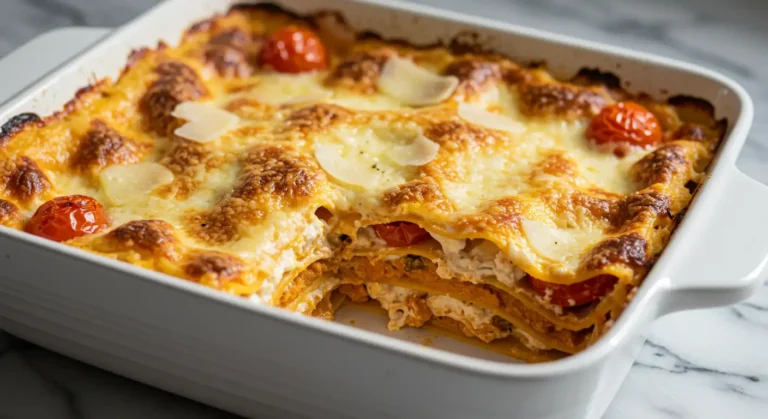 Lasagnes au butternut gratinées avec béchamel et tomates cerises, servies dans un plat en céramique blanche.