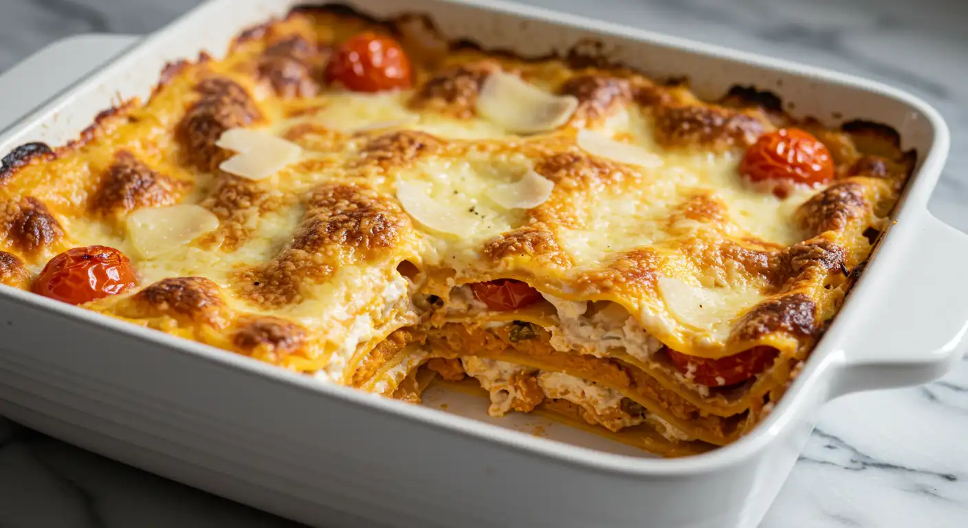 Lasagnes au butternut gratinées avec béchamel et tomates cerises, servies dans un plat en céramique blanche.