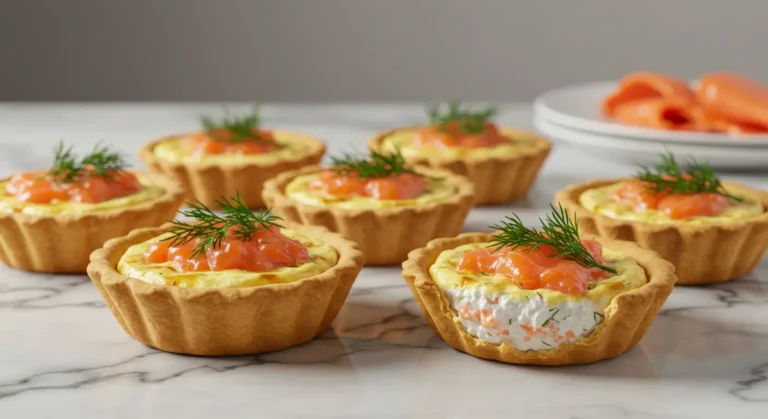 Tartelette au saumon fumé sur fond marbré, décorée d’aneth et de zestes de citron