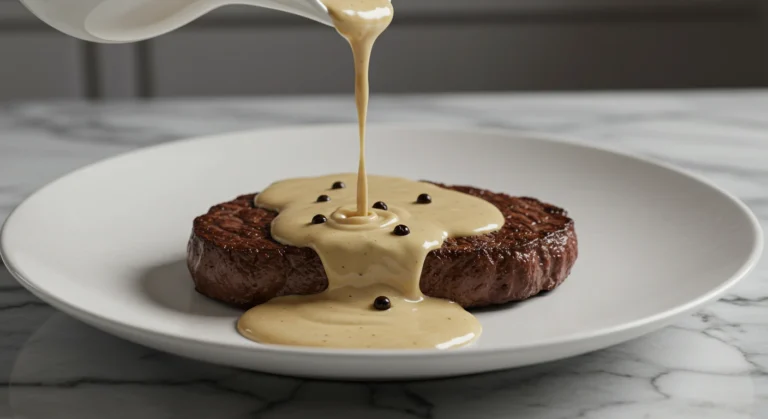 Sauce au poivre crémeuse nappant une côte de bœuf grillée sur fond marbré.