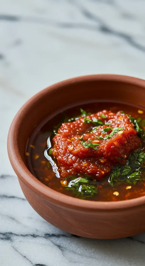 Sauce chimichurri rouge dans un bol rustique, zoom sur paprika et piment.
