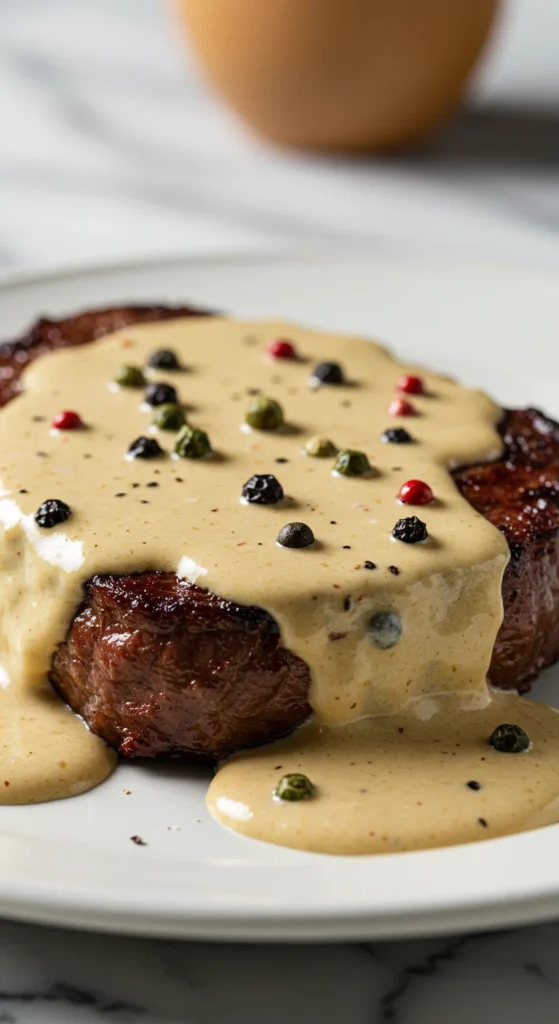 Sauce au poivre multi-poivres nappant une côte de bœuf grillée.
