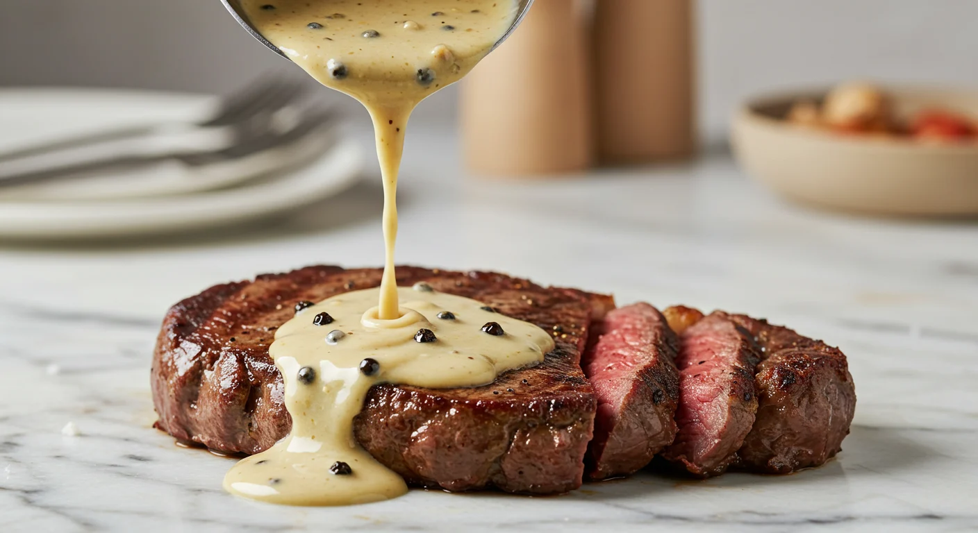 Côte de bœuf nappée d’une sauce au poivre crémeuse, en gros plan.