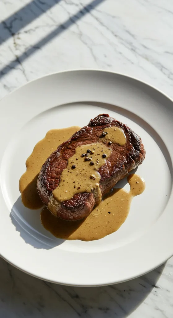 Sauce au poivre légère sans crème pour côte de bœuf.
