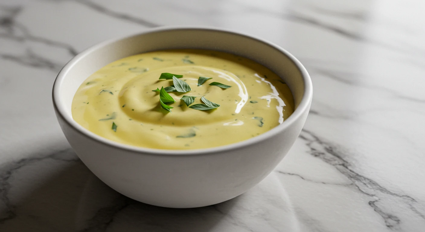 Sauce béarnaise maison brillante avec estragon sur marbre blanc