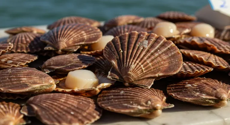 Coquilles Saint-Jacques fraîches sur un étal de marché breton au lever du jour, symboles du début de la saison 2025 en Bretagne.