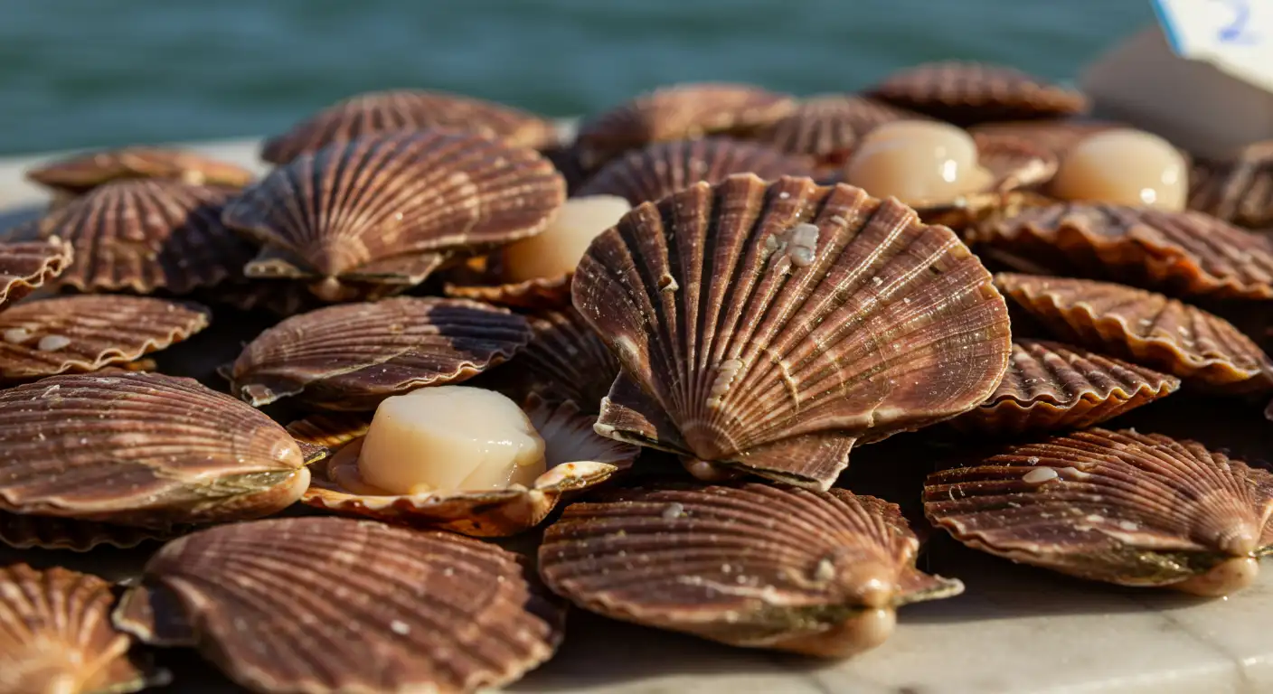 Coquilles Saint-Jacques fraîches sur un étal de marché breton au lever du jour, symboles du début de la saison 2025 en Bretagne.