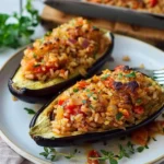 Aubergines farcies au riz et à la tomate, plat coloré et savoureux