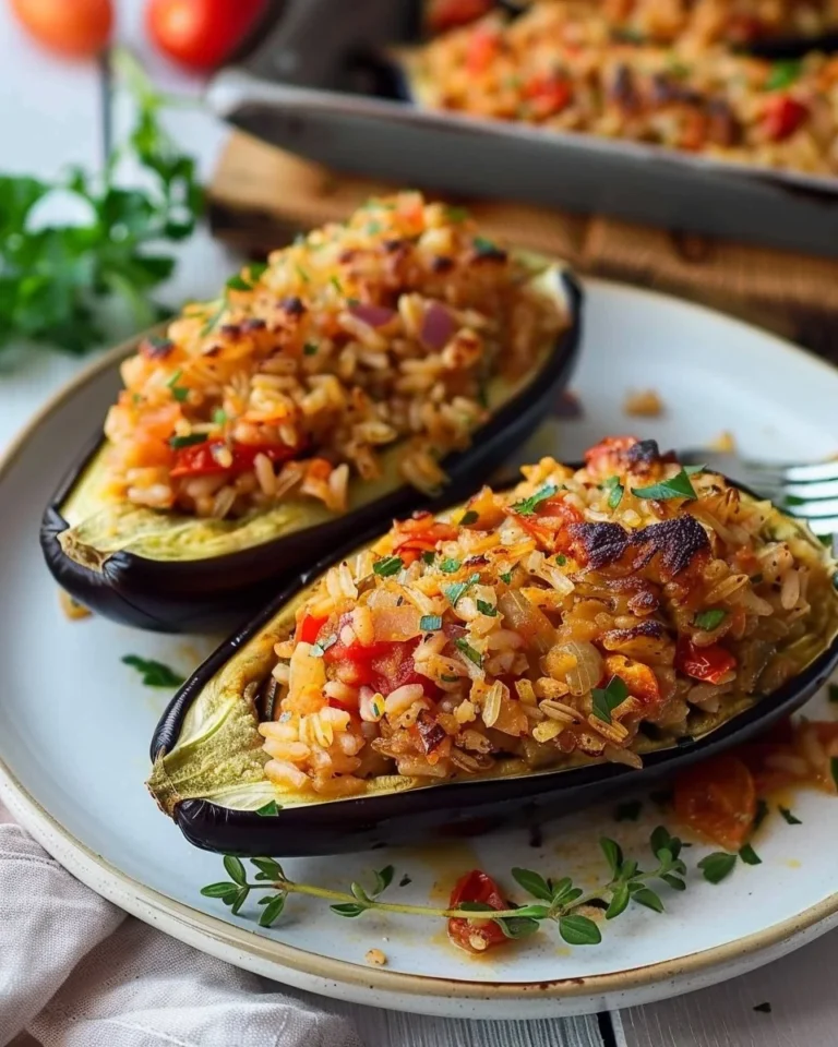 Aubergines farcies au riz et à la tomate, plat coloré et savoureux