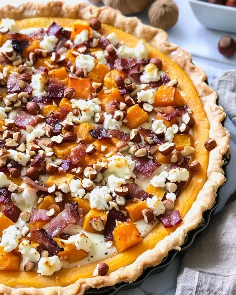 Tarte d'automne au butternut, fromage de chèvre, bacon et noisettes, prête à déguster