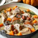 Blanquette de Dinde Automnale avec Potiron et Marrons dans un plat savoureux