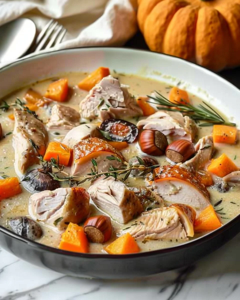 Blanquette de Dinde Automnale avec Potiron et Marrons dans un plat savoureux