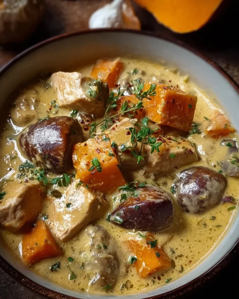 Blanquette de dinde aux marrons et potiron, un plat savoureux et réconfortant.