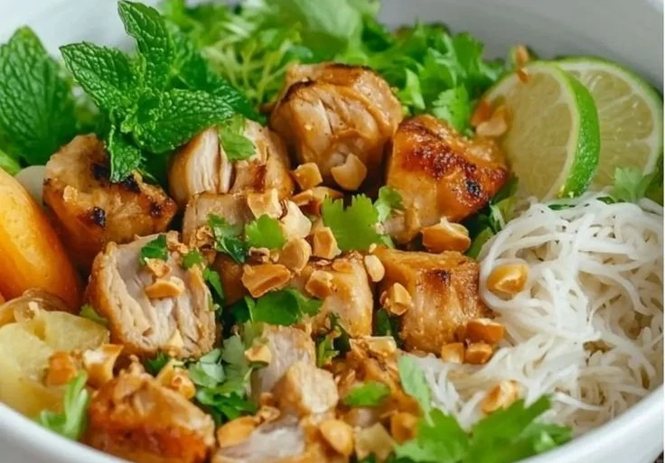 Bo Bun au poulet avec nouilles, légumes frais et sauce, plat traditionnel vietnamien