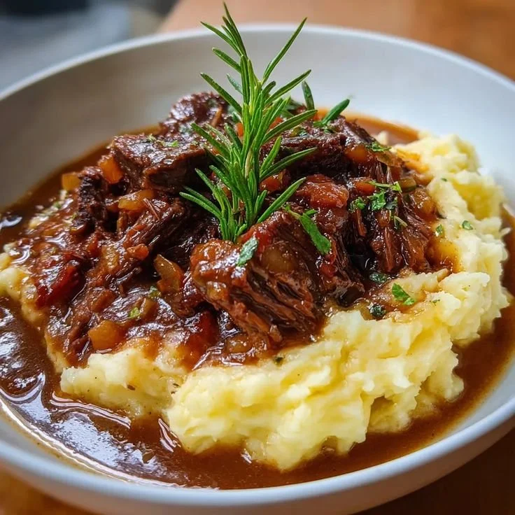 Bœuf Bourguignon avec purée servie dans une assiette