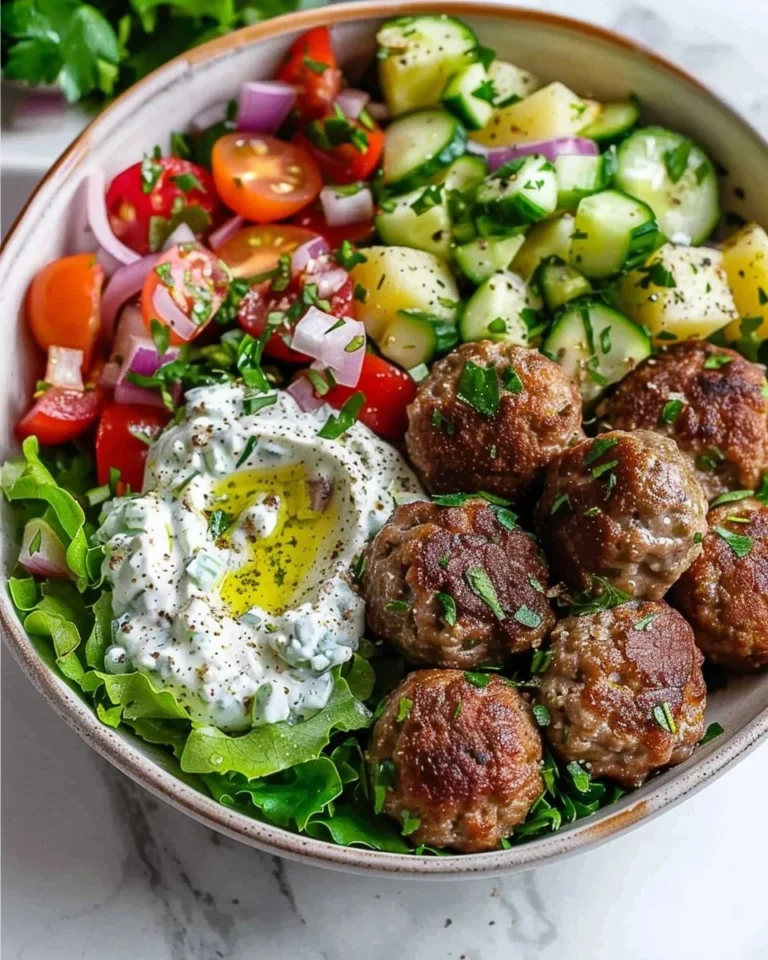 Boulettes de viande grecques servies avec une sauce et garnitures aromatiques.