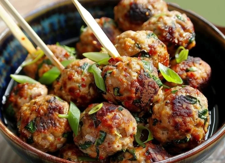 Recette de boulettes thaïlandaises au boeuf sur une assiette appétissante.