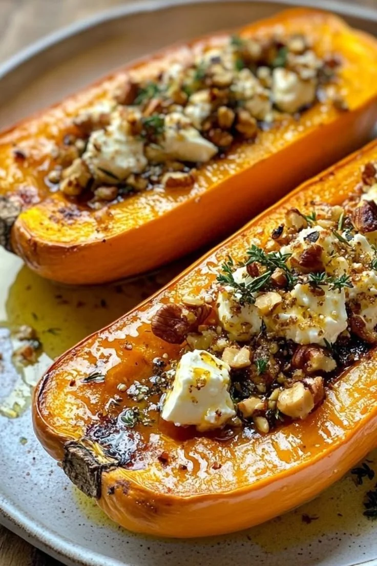 Butternut rôti au miel avec feta et noix, plat savoureux et réconfortant.