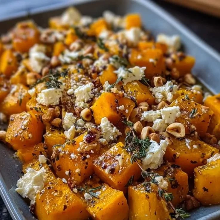 Butternut rôtie au miel, thym, feta et noisettes sur une assiette élégante