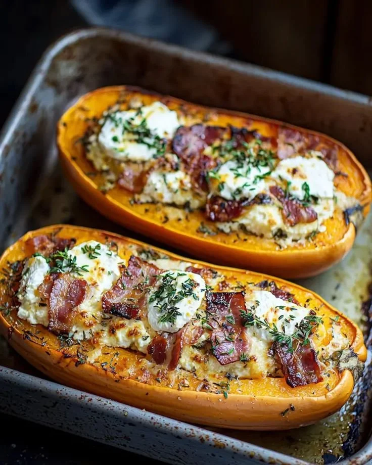 Butternut stuffed with bacon and goat cheese, a delicious culinary dish