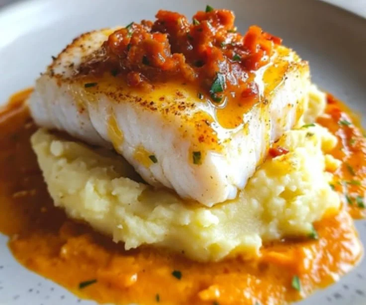 Cabillaud servi avec une crème de chorizo savoureuse et crémeuse.