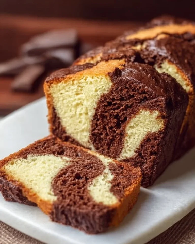 Une tranche de cake marbré au chocolat parfaitement cuit et moelleux.