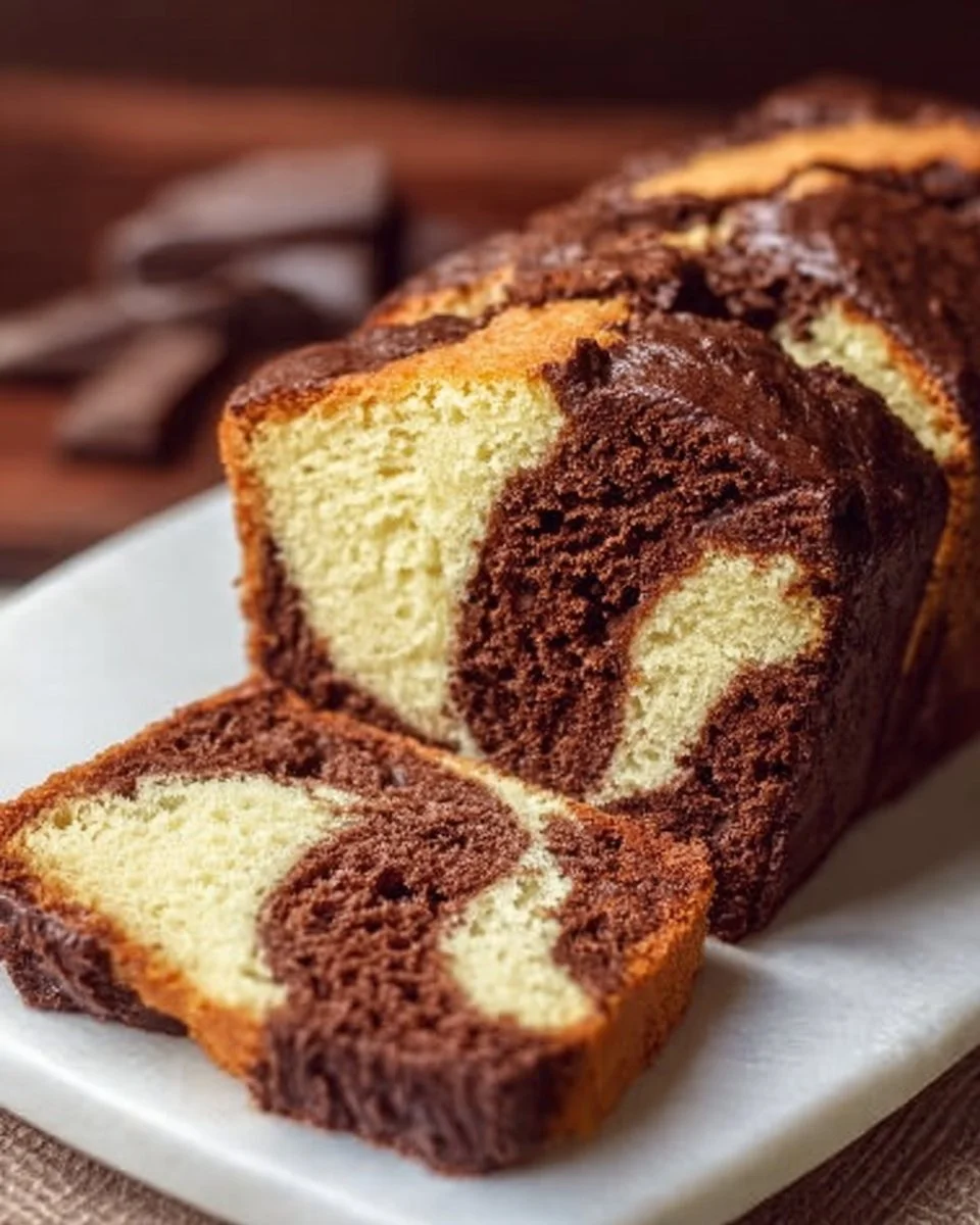 Une tranche de cake marbré au chocolat parfaitement cuit et moelleux.