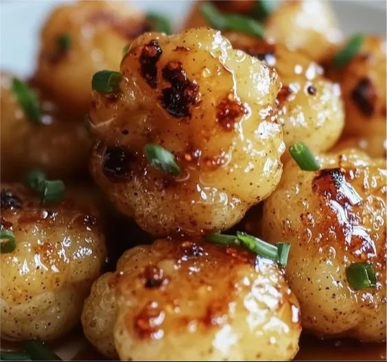 Chou-fleur rôti avec une sauce miel-ail épicée sur une assiette.