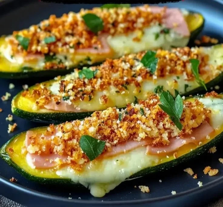 Plant dish of courgettes farcies with colorful vegetables and herbs