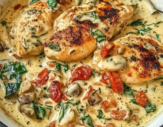 Poulet toscan crémeux servi avec des légumes frais et des herbes aromatiques