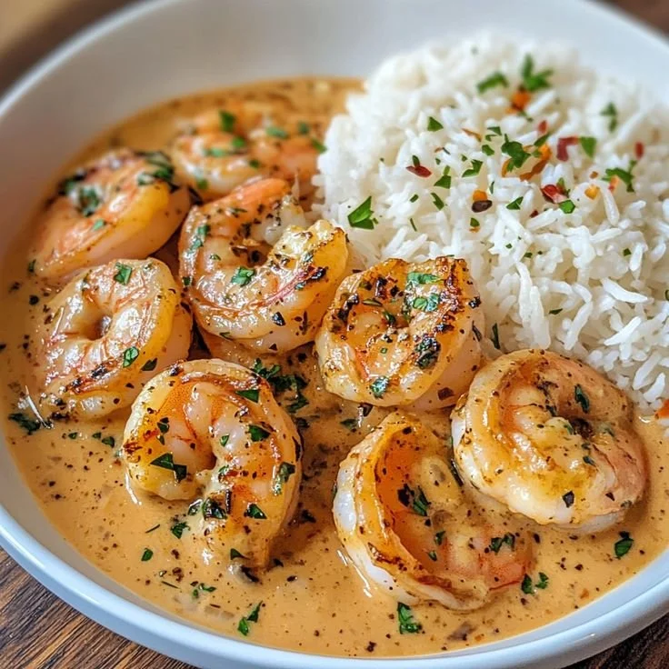 Crevettes à l'ail crémeuses prêtes à être servies dans un plat appétissant