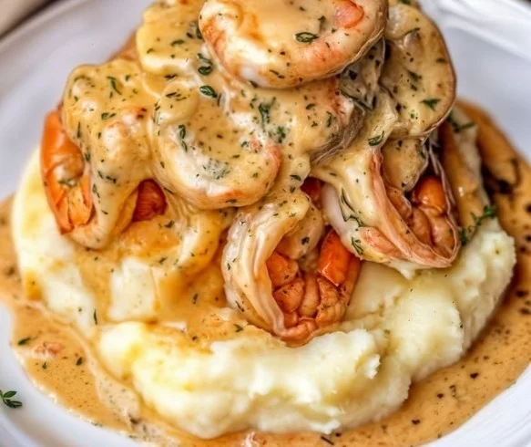 Crevettes à l'ail crémeuses sur purée de pommes de terre