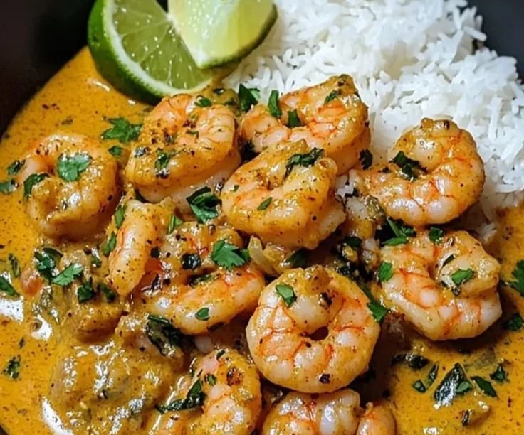 Crevettes au curry de noix de coco servies dans un plat coloré