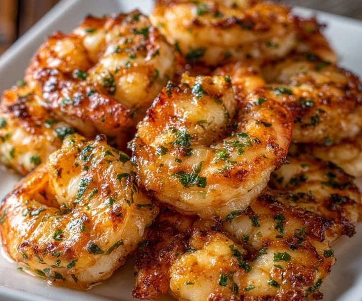 Crevettes rôties à l'ail et au parmesan prêtes à servir avec des herbes fraîches