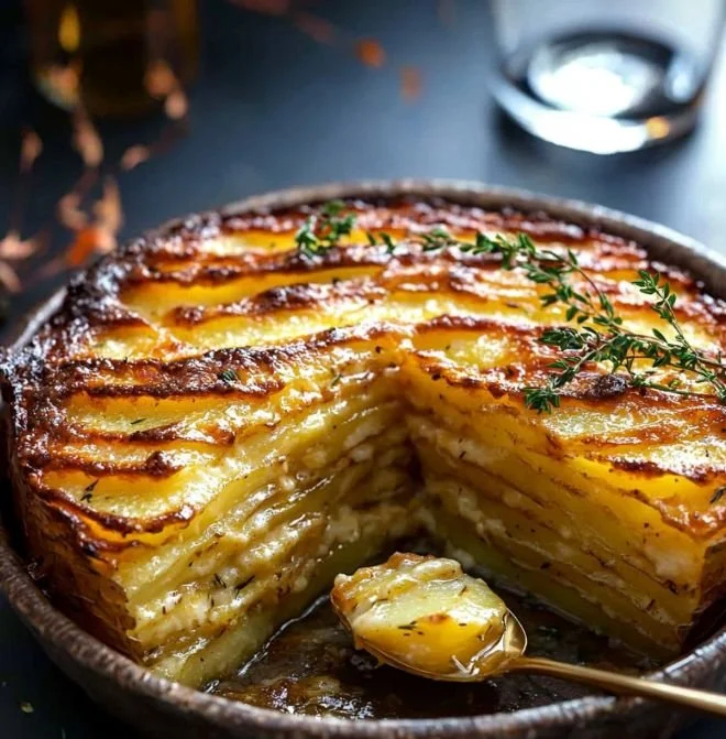 Gratin de pommes de terre croustillant et crémeux à la sortie du four.