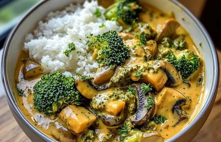 Curry végétarien au brocoli et pois chiches dans un plat coloré