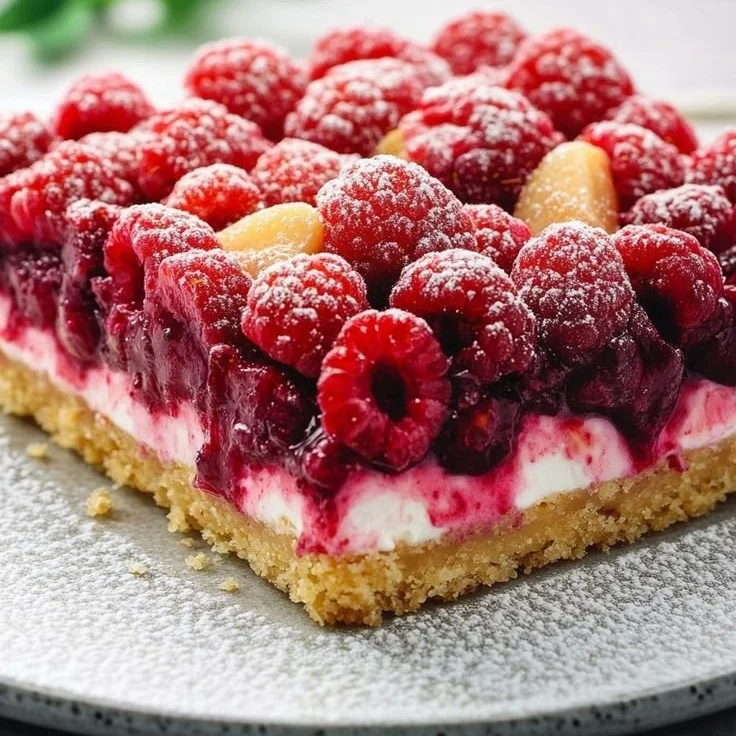 Dessert aux amandes, mascarpone et framboises sur une assiette élégante