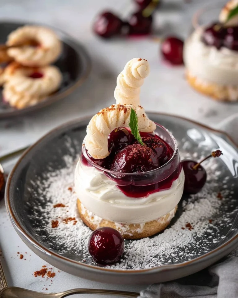 Dessert Vanillekipferl aux cerises servi dans une assiette.