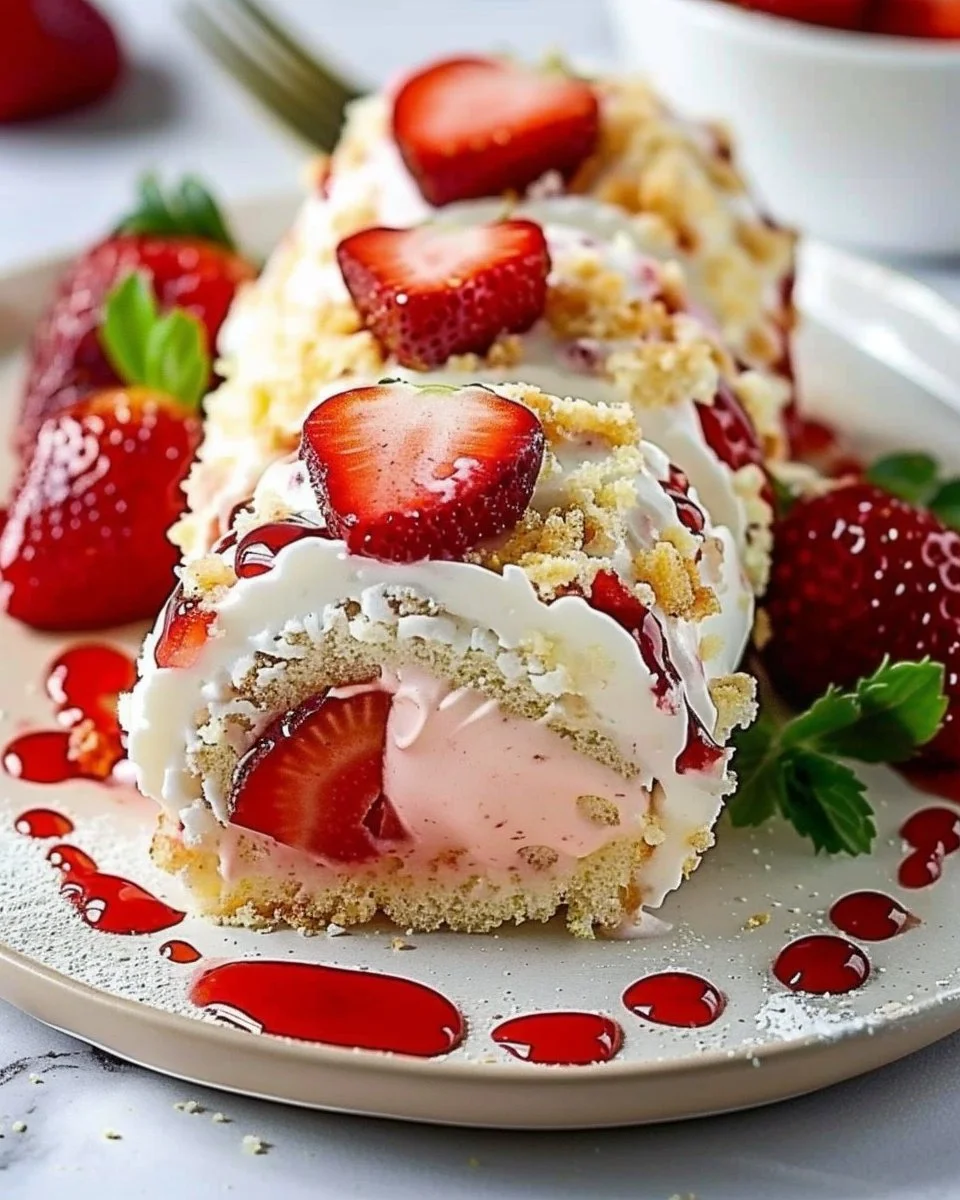 Dessert Roll Sushi de Gâteau aux Fraises, une fusion de saveurs sucrées.