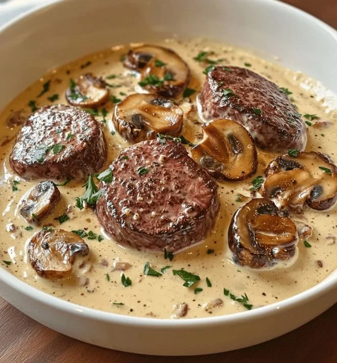 Filet Mignon Crémeux au Boursin et Champignons sur une assiette élégante