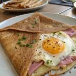 Galette bretonne complète garnie de jambon, fromage et œuf, plat traditionnel breton