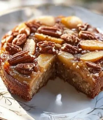 Gâteau aux pommes et noix de pécan fraîchement cuit, prêt à être dégusté.