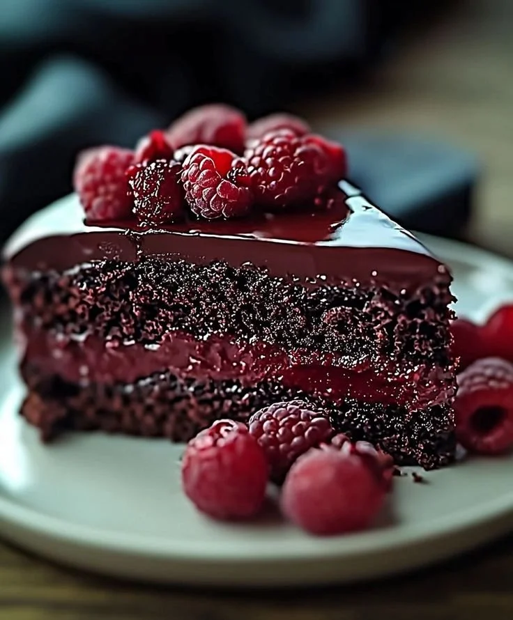 Gâteau décadent aux truffes au chocolat et aux framboises sur une assiette.
